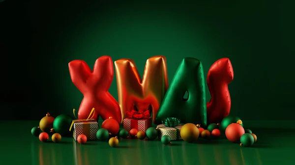 緑色の背景にカラフルな風船からの言葉のクリスマス メリークリスマスとハッピーニューイヤー 3Dレンダリング — ストック写真