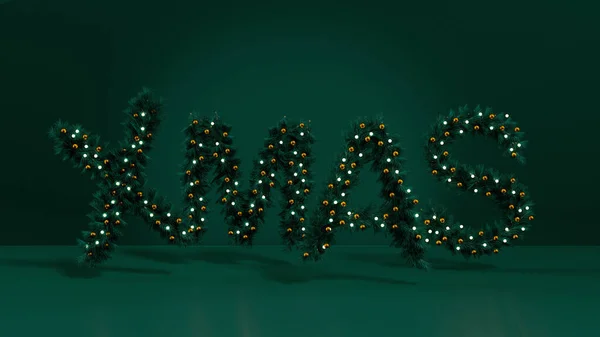 Parola Natale Fatta Rami Pino Luci Decorate Sfondo Verde Rendering — Foto Stock