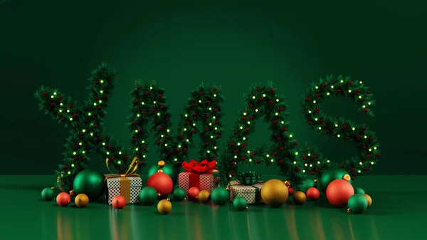 Word Kerstmis Gemaakt Van Dennentakken Versierde Lichten Groene Achtergrond Weergave — Stockfoto