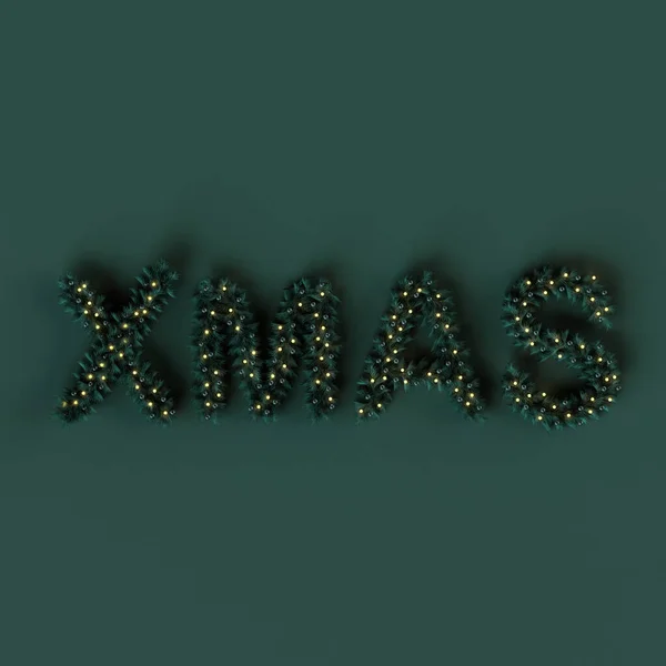 Wordのクリスマスは 緑の背景に松の枝や装飾されたライトで作られた 3Dレンダリング — ストック写真