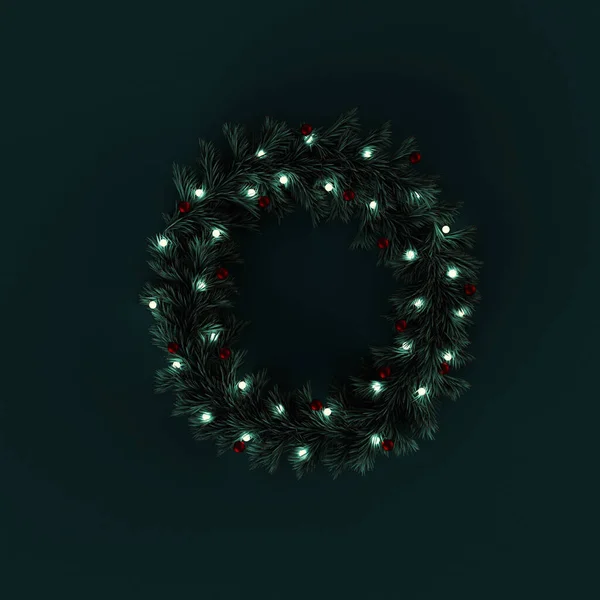 Weihnachtskranz Aus Tannenzweigen Und Verzierten Lichtern Darstellung — Stockfoto