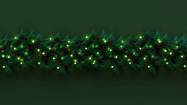 圣诞节的背景圣诞树枝头的边沿装饰着球和灯 3D渲染 — 图库照片