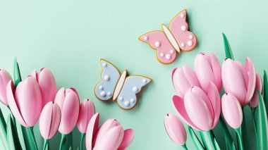 Paskalya Kelebeği kurabiyeleri ve yeşil arka planda laleler. 3 Boyutlu Hazırlama