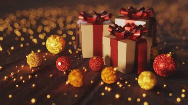 Karanlık ahşap arka planda sönmüş parıltılı Noel hediyesi kutusu. 3d hazırlayıcı