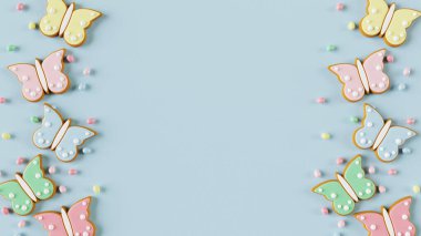 Mavi arka planda yumurta şekerli Paskalya Kelebeği zencefilli kurabiye. 3 Boyutlu Hazırlama