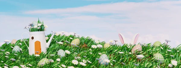 Easter landscape with house decorated at Easter in shape of watering pot and bunny ears on field. 3D render