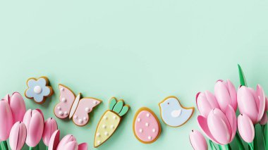 Easter gingerbread cookies and tulips on green background. 3D render