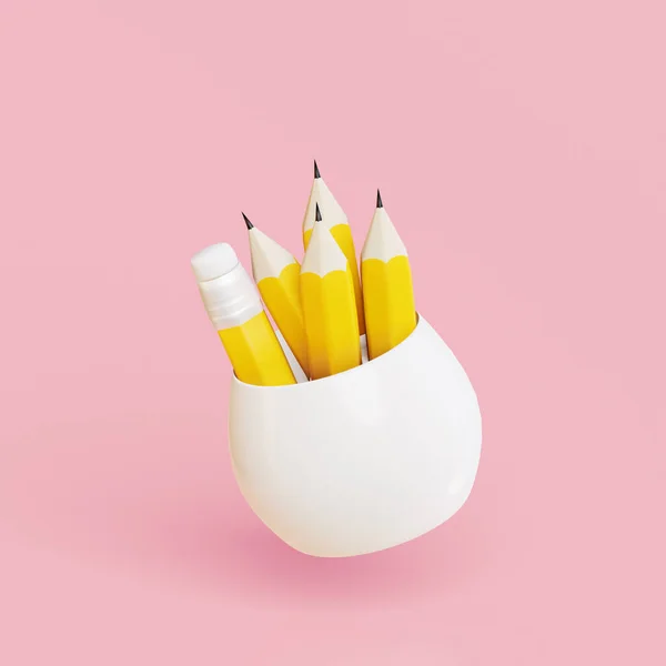 School supplies icon. Yellow pencils in basket. 3D render