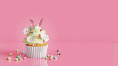 Easter cupcake decorated bunny ears, chamomiles and egg candies. 3D render