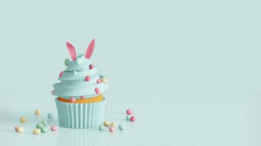 Easter cupcake decorated bunny ears and egg candies. 3D render