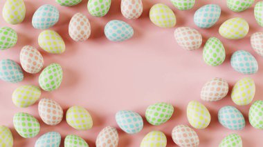 Border from colorful Easter eggs on pink background. 3d render