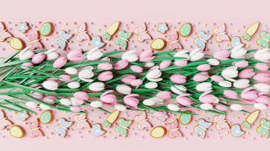 Pembe ve beyaz lale çiçeklerinden, pembe arka planda Paskalya zencefilli kurabiyelerden. 3 Boyutlu Hazırlama