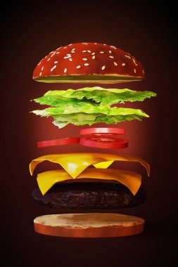 Gerçekçi yemek. Yüzen malzemeli hamburger. 3 Boyutlu Hazırlama