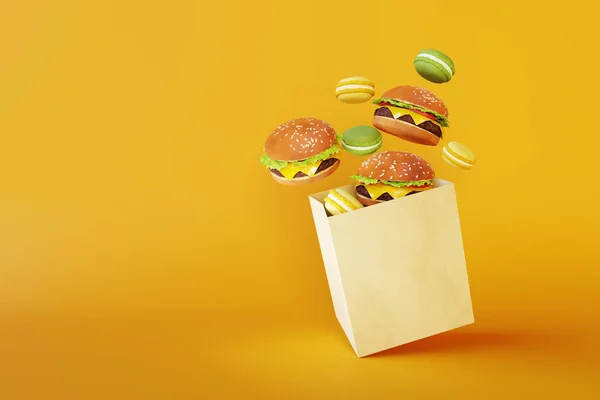 食料の配達だ 紙のパッケージから飛んでくる古典的なハンバーガーとマカロン 3Dレンダリング — ストック写真