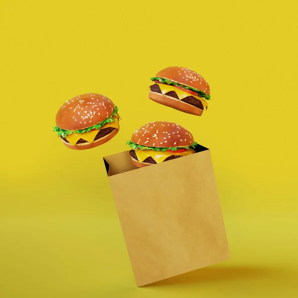 食料の配達だ 古典的なハンバーガー紙のパッケージから飛んでいます 3Dレンダリング — ストック写真