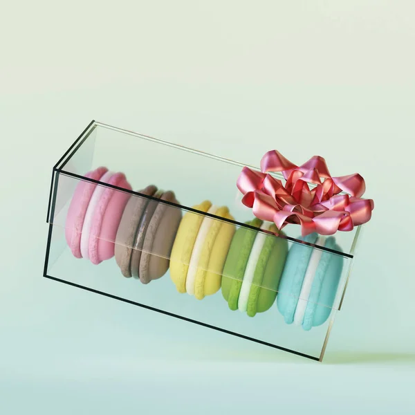 Realistic food. Transparent gift box with colorful macaroons. 3D render