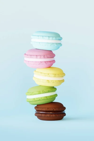 Realistic food. Colorful macaroons on pastel background. 3D render