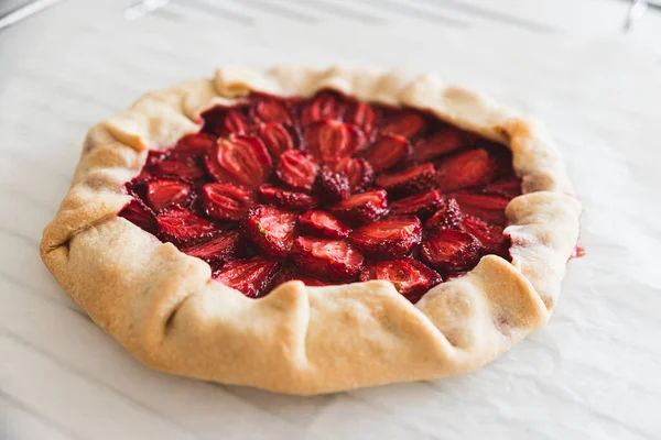 Homemade Strawberry Galette Pie Baking Sheet White Table Top View — Stock Photo, Image