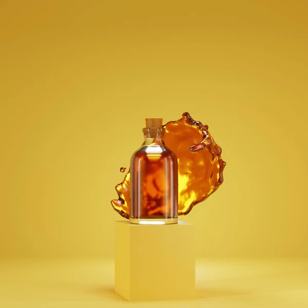 Flytande Produkt Förpackning Glasflaska Med Olja Stänk Gul Bakgrund Återgivning — Stockfoto