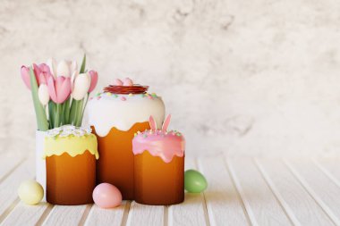 Paskalya pastaları, çörekler, yumurtalar ve zencefilli kurabiyeler beyaz ahşap masada. 3d hazırlayıcı