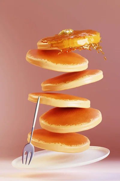 现实的食物 一堆堆烤着蜂蜜和黄油的煎饼在盘子里 3D渲染 — 图库照片