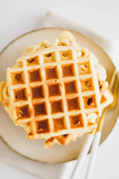 Stack Belgian Waffles White Table Top View — Stock Photo, Image