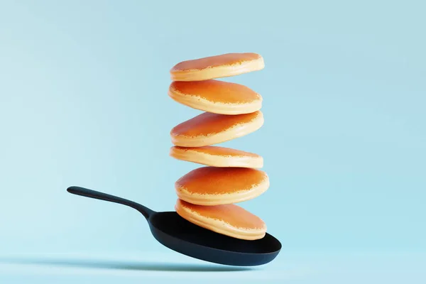 Realistic Food Flying Pancakes Pan Render — Stock Photo, Image
