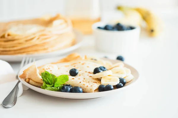 French Crepes Banana Blueberries White Table Copy Space — Fotografia de Stock