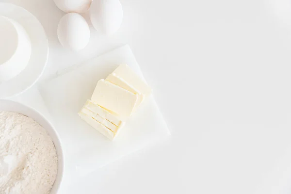 Frame Van Het Koken Van Taart Ingrediënten Meel Eieren Boter — Stockfoto