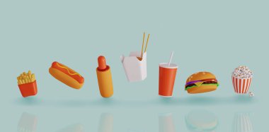 Fast food icon set. Fries potatoes, hot dog, French hot dog, ramen noodle soup, cola, burger and popcorn. 3d render