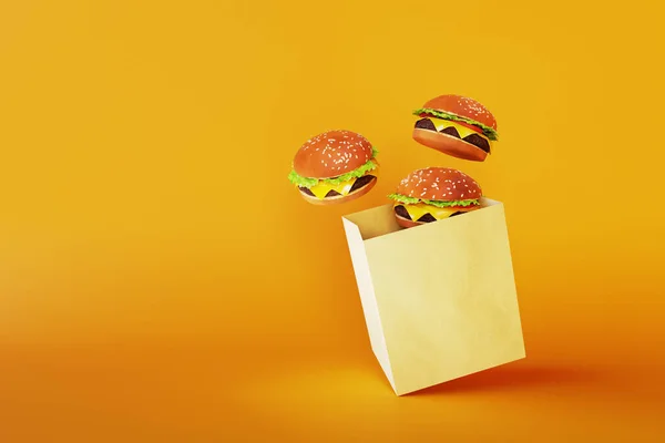 食品交付 经典汉堡包从纸包装飞出 3D渲染 — 图库照片