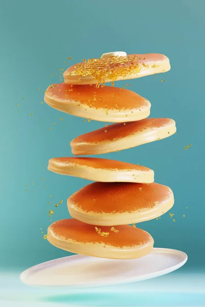 Realistic Food Stack Pancakes Honey Butter Plate Render — Stock Photo, Image