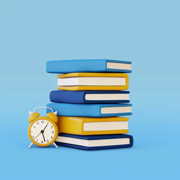 Schule Liefert Ikone Stapel Von Büchern Und Analoge Uhr Renderer Stockbild