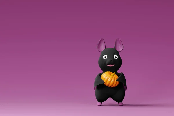 Cute Halloween Bat Holding Pumpkin Render — Stock Photo, Image
