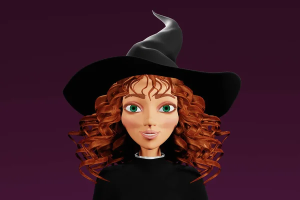 Närbild Porträtt Tecknad Halloween Häxa Lila Bakgrund Återgivning — Stockfoto