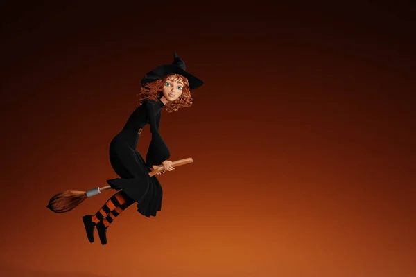 Sarı Arka Planda Süpürgeyle Uçan Cadılar Bayramı Cadısı Çizgi Filmi — Stok fotoğraf