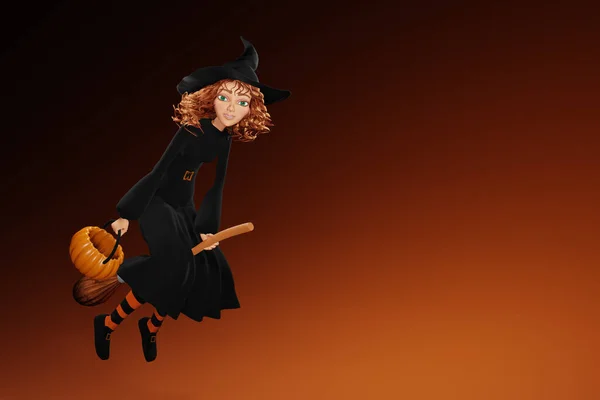 Cartoon Halloween Witch Flying Broom Yellow Background Render — Stock Photo, Image