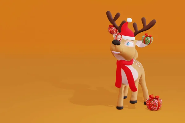 Cute Cartoon Deer Gift Santa Hat Render — Stock Photo, Image