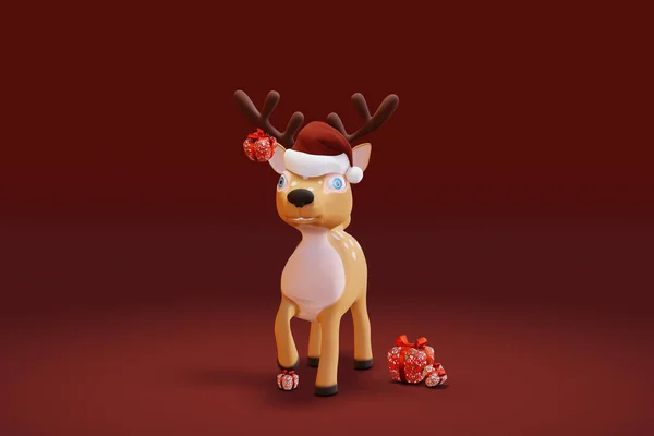 Bonito Cervo Desenho Animado Com Presente Chapéu Santa Renderização — Fotografia de Stock