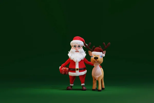 可爱的卡通圣诞老人和鹿 3D渲染 — 图库照片