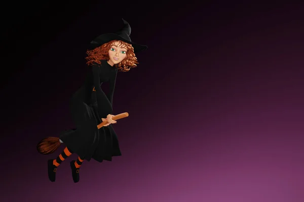 Mor Arka Planda Süpürgeyle Uçan Cadılar Bayramı Cadısı Çizgi Filmi — Stok fotoğraf