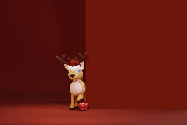 Bonito Cervo Desenho Animado Chapéu Santa Com Banner Renderização — Fotografia de Stock