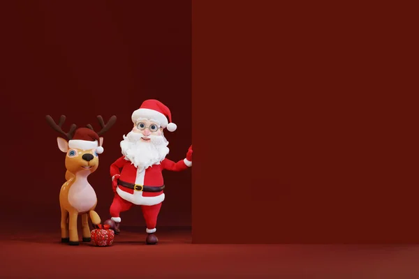 可爱的卡通圣诞老人和带横幅的鹿 3D渲染 — 图库照片