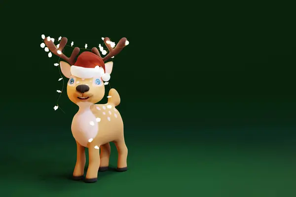 ライトガーランドのかわいい漫画の鹿 3Dレンダリング — ストック写真
