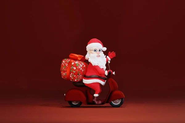Dessin Animé Père Noël Avec Boîte Cadeau Noël Scooter Équitation — Photo