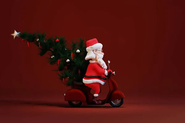 Desenhos Animados Papai Noel Com Árvore Natal Equitação Scooter Renderização — Fotografia de Stock