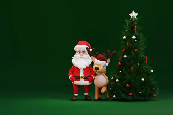 可爱的卡通圣诞老人和鹿儿站在圣诞树旁 3D渲染 — 图库照片