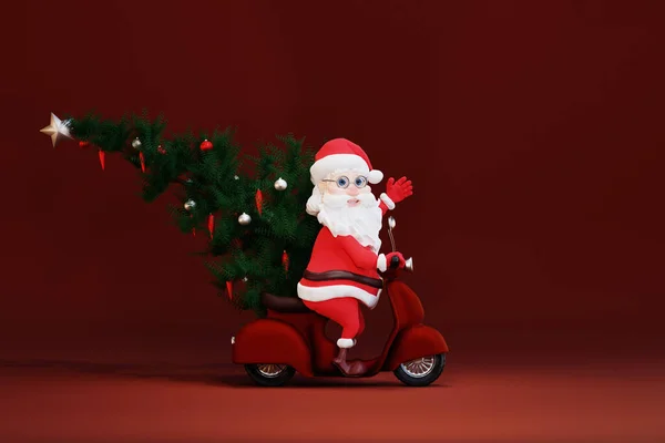 Santa Claus Dibujos Animados Con Árbol Navidad Caballo Scooter Renderizar —  Fotos de Stock