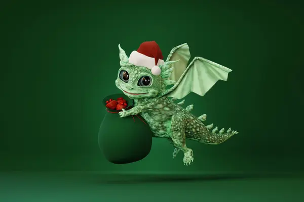 Niedliche Cartoon Baby Drachen Tragen Weihnachtsmütze Halter Tasche Mit Geschenken Stockbild