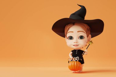 Cadılar Bayramı kostümü giyen tatlı bir kız bebek. 3d hazırlayıcı